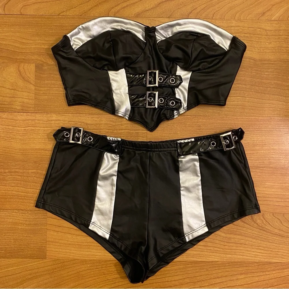 Black Faux Leather & Metallic Silver Buckle Festival Set